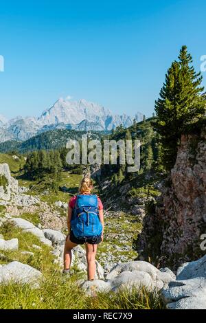 Wanderer mit Rucksack, Wanderweg im Funtenseetauern, Watzmann, Nationalpark Berchtesgaden, Berchtesgadener Land Stockfoto