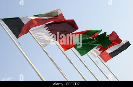 Fahnen aller 6 GCC, Kooperationsrat der Arabischen Golfstaaten oder Golf-kooperationsrat, Mitgliedstaaten, Doha, Qatar Stockfoto