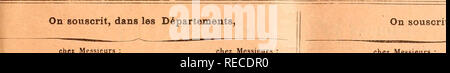 . Comptesrendusheb 1371903 acad.Es NATURELLES. Auf souscrit à Paris, Chez GAUTHIER - VIIXARS, Quai des Grai. K-Aiigustins, n" 55. ' Epuis ich 835 les Comptes Rendus hebdomadaires paraissent rÃ©guliÃ¨rement le Dimanche. Ils forment, à la fin de l'annÃ©e, deux Volumes in-4°. Deux blÃ©s, l'une par ordre alphabÃ © TIQUE de matiÃ¨res, l'autre par ordre alphcibÃ © TIQUE de noms d'Auteurs, terminent chaque Band. L'abonnement annuel est Teil du i" Janvier. le prix (le Vabonnenierii est fixe iiirisi qu'il Suit: Paris: 30 fr. Â EINRICHTUNG Partements: 40 Ir. Â Union Postale: 44 fr .. chez Messieurs; À® n Fer Stockfoto