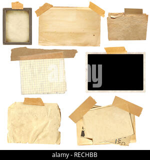Satz von Vintage Bilderrahmen und altes Papier mit Klebeband. Vintage Style für Scrapbooking. Kopieren Sie Platz für Text. Mock up Vorlage. Auf weiß Isoliert Stockfoto