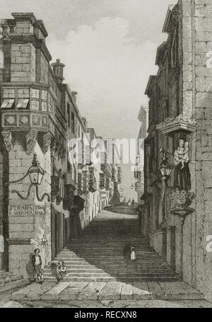 Isla de Malta. Ciudad de La Valeta. Vista de La Calle de San Juan. Grabado. Lemaitre Direxit. Panorama Universal. Historia de Malta y el Gozo, 1850. Biblioteca Histórico Militar de Barcelona, Cataluña, Spanien. Stockfoto