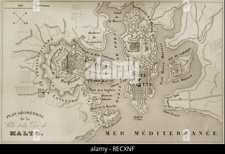 Isla de Malta. Plano de la Ciudad y Puerto de La Valeta. Panorama Universal. Historia de Malta y el Gozo, 1850. Biblioteca Histórico Militar de Barcelona, Cataluña, Spanien. Stockfoto