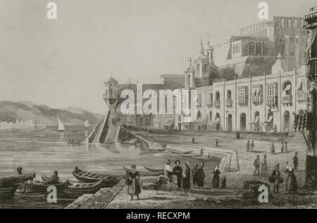 Isla de Malta. Ciudad de La Valeta. Grabado. Lemaitre Direxit. Panorama Universal. Historia de Malta y el Gozo, 1850. Biblioteca Histórico Militar de Barcelona, Cataluña, Spanien. Stockfoto