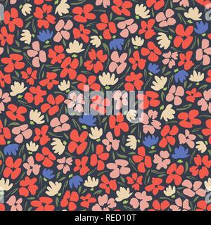 Fett Grafik gestischen Streublümchen floral Vektor nahtlose Muster. Einfache kleine Hand gezeichnet bunte Blüten auf dunklem Hintergrund. Retro minimal Stylus-stiften Stock Vektor
