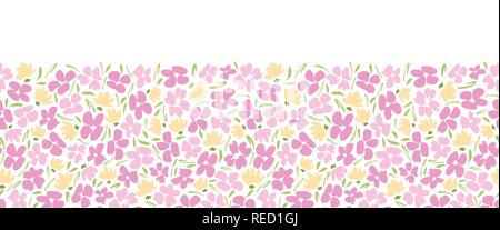 Feminine Grafik gestischen Streublümchen floral Vektor nahtlose horizontale Grenze. Einfache kleine Hand gezeichnet pastellfarbenen Blüten auf weißem Hintergrund. Stock Vektor