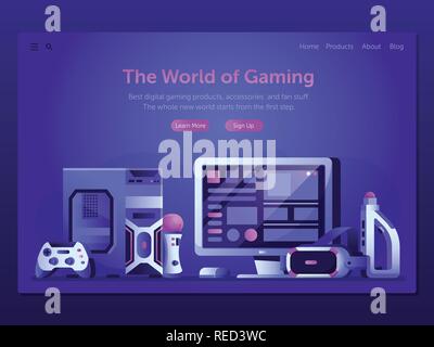 Festlegung der Video Games Web Landung Template Stock Vektor