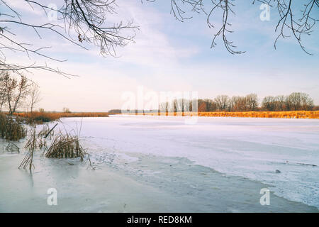 Gefrorener Fluss, Wald in der Ferne, chemische Segge und blauen bewölkten Himmel Stockfoto