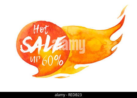 Hot Sale bis 60 Inschrift auf Heiß brennenden Sprechblase, Aquarell Verkauf - Abmelden isoliert auf weißem Stockfoto