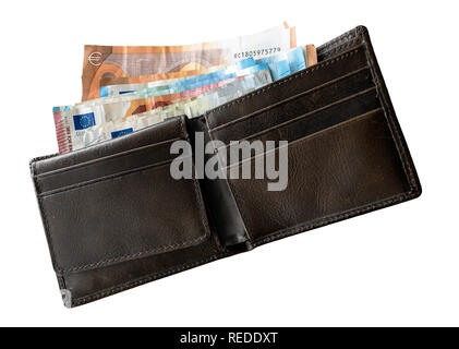 Direkt oberhalb der Schuß von Bargeld in der Brieftasche auf weißem Hintergrund Stockfoto