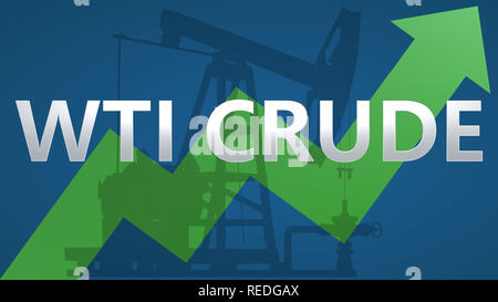 Der Ölpreis der Sorte WTI Rohöl wird. Eine grüne zig-zag Pfeil mit einem Öl gut pumpjack hinter dem Wort WTI auf blauem Hintergrund zeigt nach oben, ... Stockfoto
