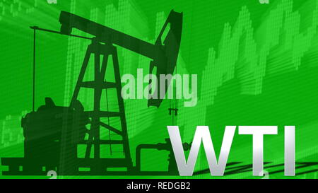 Der Ölpreis der Sorte WTI Rohöl wird. Hinter dem Wort WTI ist eine schwarze Silhouette eines Öl gut pumpjack mit einem grünen aufsteigende Diagramm im... Stockfoto