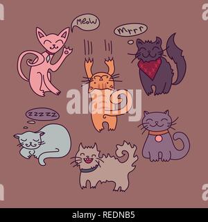 Vektor einrichten von Cartoon Katzen. Süße Hand gezeichneten Stil Stock Vektor