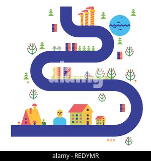 Landstraße im Wald Karte. Häuser und Bäume Stock Vektor