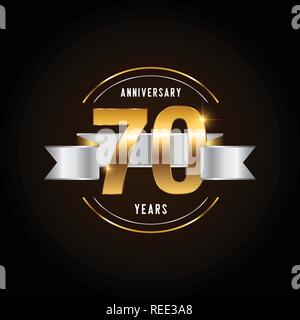 70 Jahre Jubiläum Schriftzug. Goldenes Jubiläum Emblem mit Band. Design für Broschüre, Faltblatt, Zeitschrift, Broschüre, Plakat, Web, Invita Stock Vektor