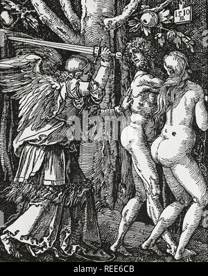 Adam und Eva aus Eden, 1510. Von Albrecht Dürer, Blatt 1 der Reihe "Die kleine Leidenschaft'. Stockfoto