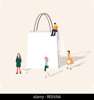 Satz von Menschen zu Fuß und Shopping. Leeres Papier Geschenkbeutel. Geschäftskonzept. Moderne Webseite, Banner, flache Bauform. Isolierte Vektorobjekte. Stock Vektor
