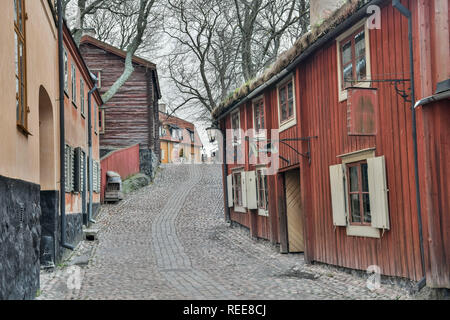 Stockholm, Schweden, 21. November 2018. Street View im Freilichtmuseum Skansen in Stockholm, mit historischen Fachwerkhäusern. Stockfoto