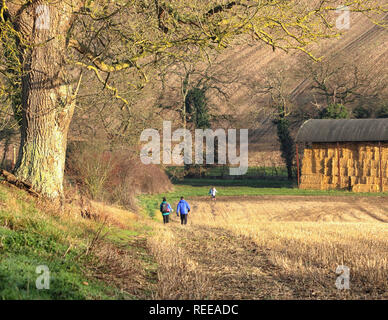 Eine Familie wandern auf einem Pfad bergab durch ein Feld im Winter Sonnenschein in der Chiltern Hills Stockfoto