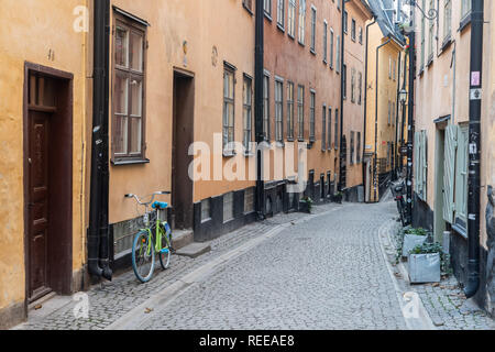 Stockholm, Schweden - 22 November 2018. Street View in Gamla Stan, historischen Viertel von Stockholm, mit Fahrrad Stockfoto