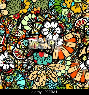 Blumen nahtlose Muster dekorative Vektor Karte Abbildung: Doodle lustig Pflanzen Stock Vektor