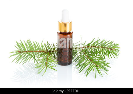 Kiefer ätherisches Öl auf weißem Hintergrund. Pine öl Flasche mit Tropfer für Schönheit, Hautpflege, Wellness. Natürliche Heilmittel Stockfoto