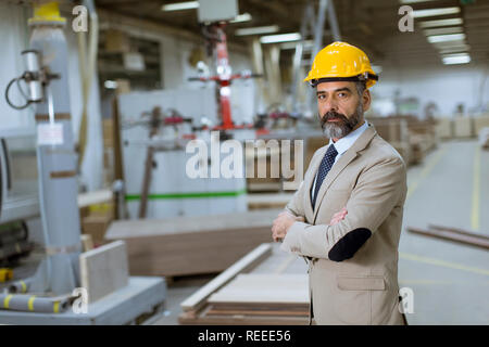 Portrait von älteren gut aussehender Geschäftsmann in Anzug und Helm in einem Lager Stockfoto