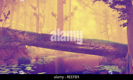 Gefallenen Baum, natürliche Brücke in magischen Wald, schöne Fantasy wald landschaft Stockfoto