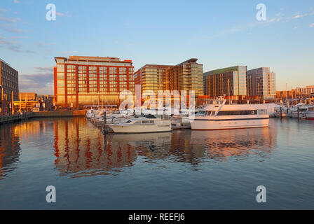 Boote und Skyline von Gebäuden im neu sanierten Südwesten Hafengebiet von Washington, DC gesehen vom Wasser im Herbst Stockfoto