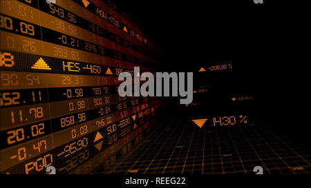 3D-Rendering von Aktienindizes im virtuellen Raum. Wirtschaftswachstum, Rezession. Elektronische virtuelle Plattform zeigen Trends und Börsefluktuationen Stockfoto