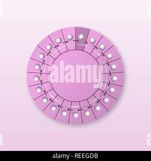 Vektor realistische Rosa Verpackung von Antibabypillen in Blisterpackungen Closeup isoliert. Pille, hormonelle Tabletten. Design Template von Frauen Drogen für Mockup. Eine Schwangerschaft planen. Ansicht von oben Stock Vektor