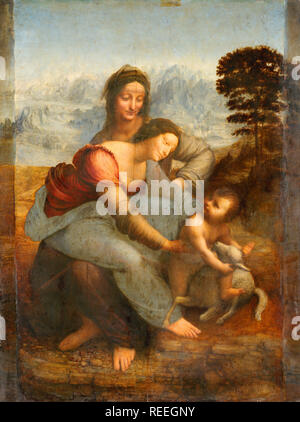 Die Jungfrau und Kind mit St. Anne, die Jungfrau und Kind mit Saint Anne von Leonardo da Vinci, St. Anne, ihrer Tochter, der Jungfrau Maria und dem Jesuskind. Stockfoto