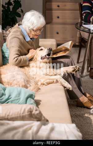 Portrait von adorable Senior Frau umarmen Hund sitzt auf der Couch und genießen den Ruhestand in Wohnzimmer leuchtet durch Sonnenlicht Stockfoto
