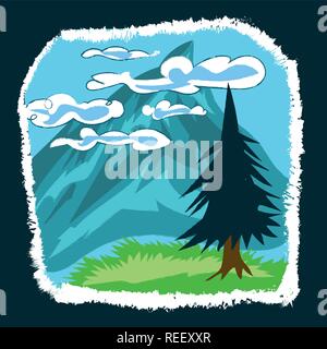 Bergblick landschaft Comic-stil Grafik Vektor illustration Stock Vektor