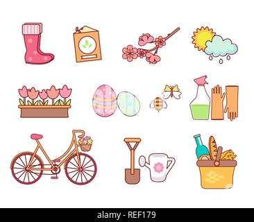 Set aus bunten Frühling Symbole. Saisonale Symbole im flachen Stil. Garten, Blumen und andere Designelemente, auf weißem Hintergrund. Art clip art Vector Illustration Stock Vektor