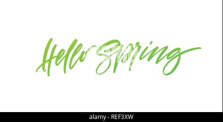 Hallo Frühling. Hand gezeichnet Kalligraphie und Pinsel, Stift-Schriftzug. Vector Illustration Stock Vektor