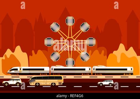 Bunte vektor Illustration des öffentlichen Verkehrs auf dem Riesenrad und der Stadt. Helle trendige Konzept der urbanen Leben und Unterhaltung. Stifte Stock Vektor