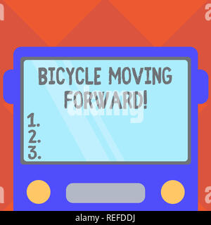 Handschrift Text schreiben Fahrrad vorwärts zu bewegen. Konzept Bedeutung ihr Gleichgewicht zu halten, müssen Sie sich vorwärts zu bewegen, erstellt flache Front Ansicht der Bus mit Stockfoto