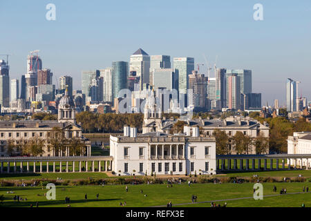 Blick auf Canary Wharf von Greenwich Park Stockfoto