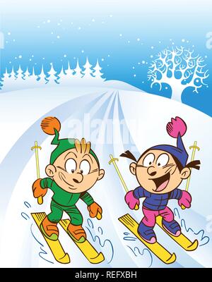 Die Abbildung zeigt die Kinder Skifahren. Kinder Skifahren vom Berg. Abbildung im Cartoon Stil gemacht, auf separaten Ebenen. Stock Vektor