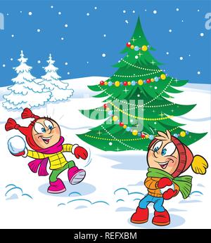 Die Abbildung zeigt ein lustiges Spiel für Kinder das Werfen mit Schneebällen auf dem Hintergrund der Weihnachtsbaum. Vector Illustration im Cartoon Stil Stock Vektor