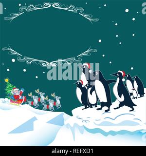 Die Abbildung zeigt, wie die Pinguine im Norden der Weihnachtsmann an Heiligabend treffen. Santa Claus Fahrten in Schlitten Rentier mit Geschenken. Stock Vektor