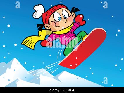 Die Abbildung zeigt, wie das Mädchen tun, Snowboarden im Winter. Abbildung im Cartoon Stil gemacht, auf separaten Ebenen. Stock Vektor