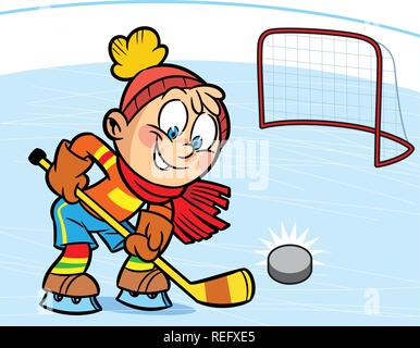 Ein Junge spielt Hockey. Er zählte den Puck ins Tor. Abbildung im Cartoon Stil. Stock Vektor