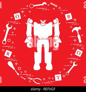 Roboter, Würfel mit Buchstaben, Spielzeug Werkzeug (Schraubendreher, Schraubenschlüssel, Schraube, Hammer). Spielzeug für Kinder. Robotik, Technologien. Design für Banner, Poster oder pri Stock Vektor