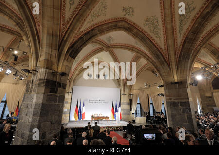 Aachen, Deutschland. 22 Jan, 2019. Blick in die Halle vor der Unterzeichnung des neuen deutsch-französischen Freundschaftsvertrag im Krönungssaal des Rathauses. Die so genannte Aachen Vertrag folgt auf die Élysee Vertrags über Freundschaft von Adenauer und De Gaulle im Jahre 1963 unterzeichnet. Credit: Oliver Berg/dpa/Alamy leben Nachrichten Stockfoto