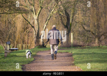 Kidderminster, Großbritannien. Januar 2019. UK Wetter: Nach dem heutigen sehr kalten frühen Start ist der herrliche Morgensonne ein willkommener Anblick für Hundewanderer in Worcestershire. Hier sieht man einen isolierten Mann mittleren Alters von hinten, der mit seinem Bullterrier an einer leeren Parkbank in Großbritannien vorbei läuft. Kredit: Lee Hudson/Alamy Live News Stockfoto