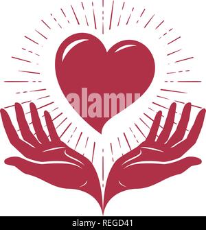 Herz in Händen, Logo. Liebe, Nächstenliebe label oder Symbol. Vector Illustration Stock Vektor