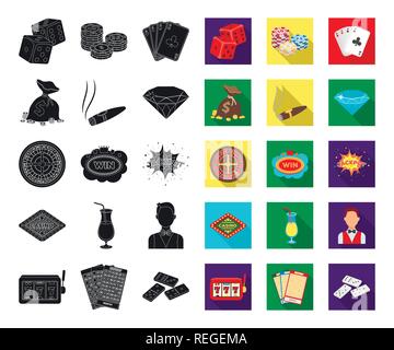Casino und spielen Schwarz, flache Symbole im Set Sammlung für Design. Casino und Ausrüstung vektor Symbol lieferbar Abbildung. Stock Vektor