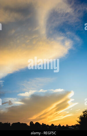 Der Himmel, dessen Wolken in blau und gelb gefärbt, erhebt sich über dem Feld 2019 Stockfoto