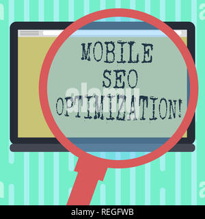 Wort schreiben Text Mobile SEO Optimierung. Business Konzept für ermöglicht eine Website für mobile sucht Lupe vergrößern Tablett leer zu ordnen Stockfoto